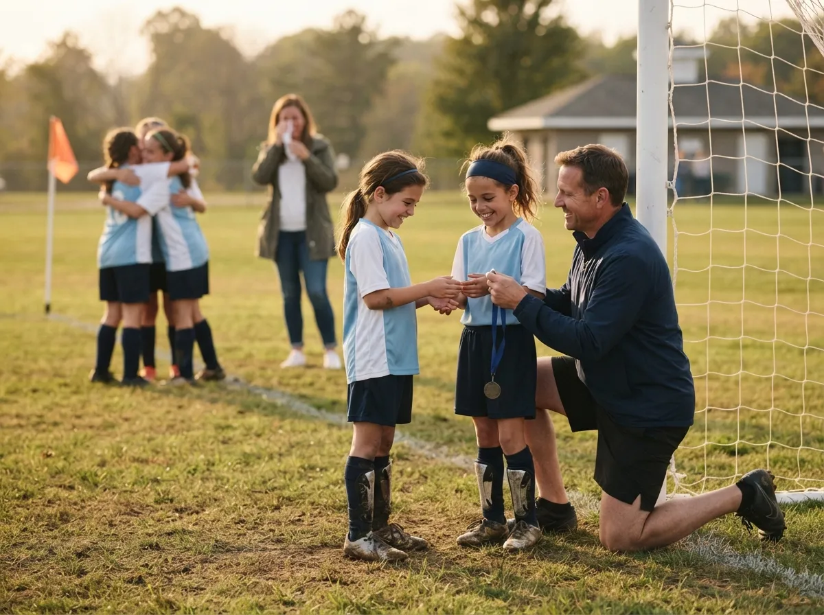 Coach and young soccer player share proud emotional moment on field at sunset.