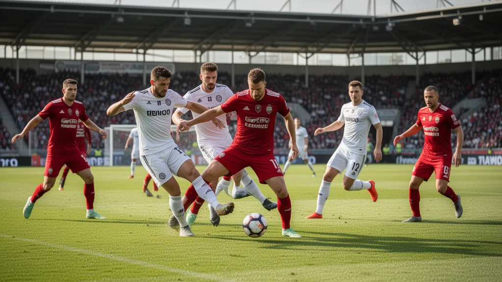 Soccer players in mid-action competing for the ball during an outdoor tournament match