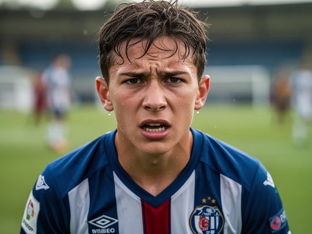 Young soccer player displaying focused determination and competitive spirit during tournament match