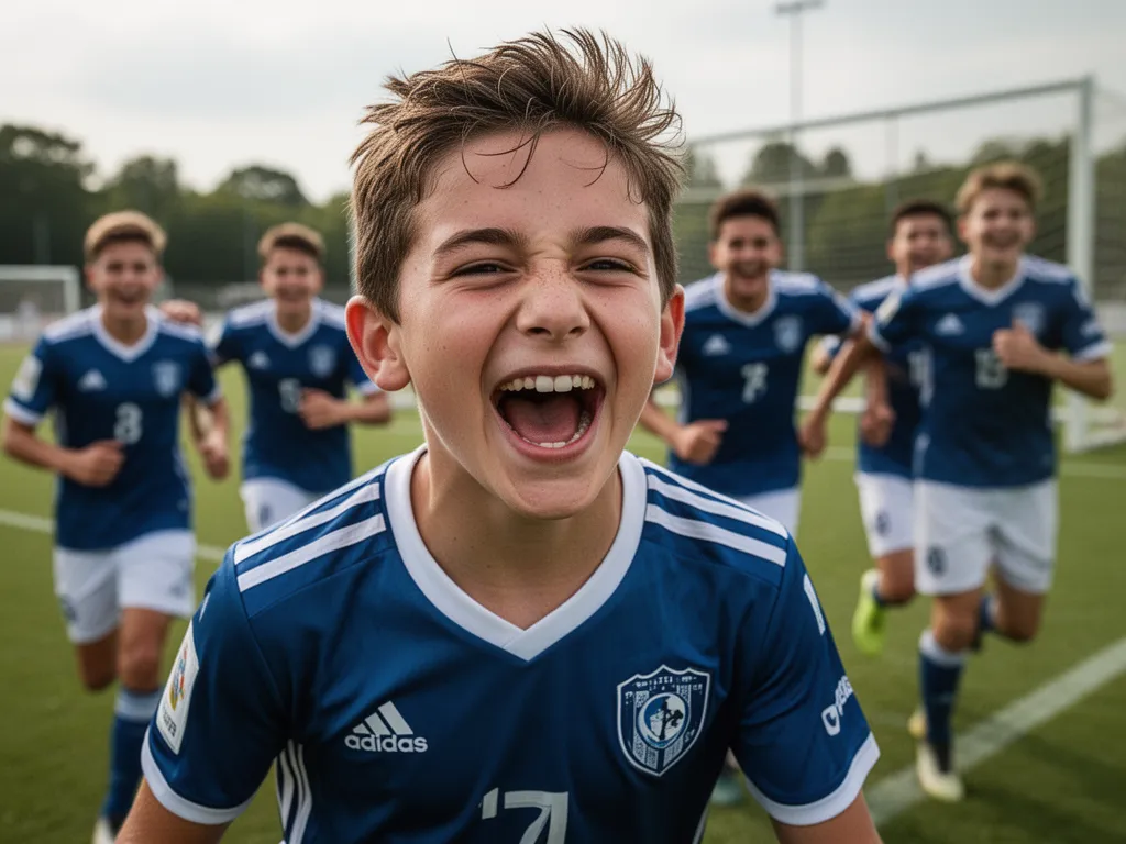 [Young soccer player celebrating with genuine joy and emotion after scoring]