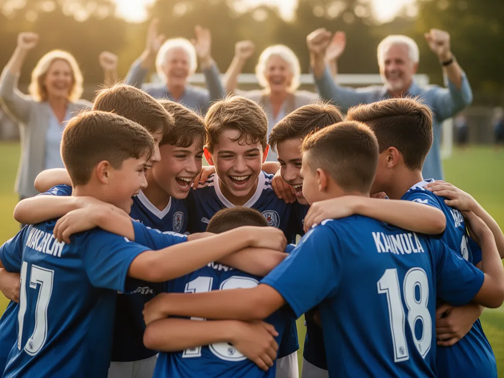 Youth soccer team celebrating together after scoring goal, showing friendship and sportsmanship