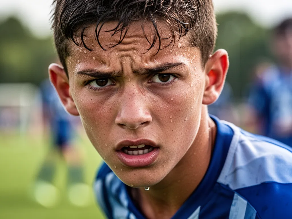 [Close-up of determined young soccer athlete's face showing concentration during competitive match]
