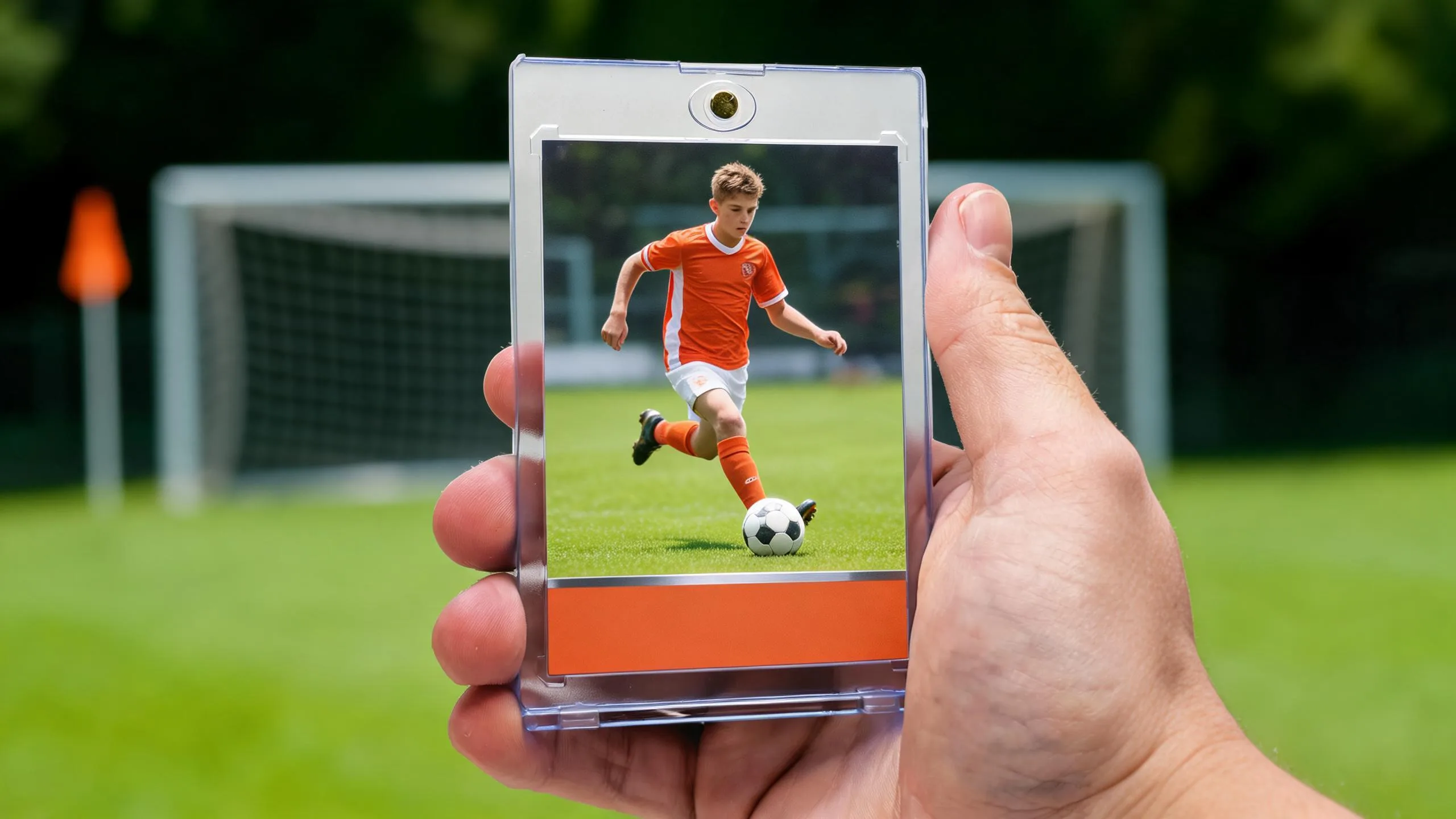 Hand holds magnetic case with soccer card, featured in soccer tournaments in Arizona this weekend.
