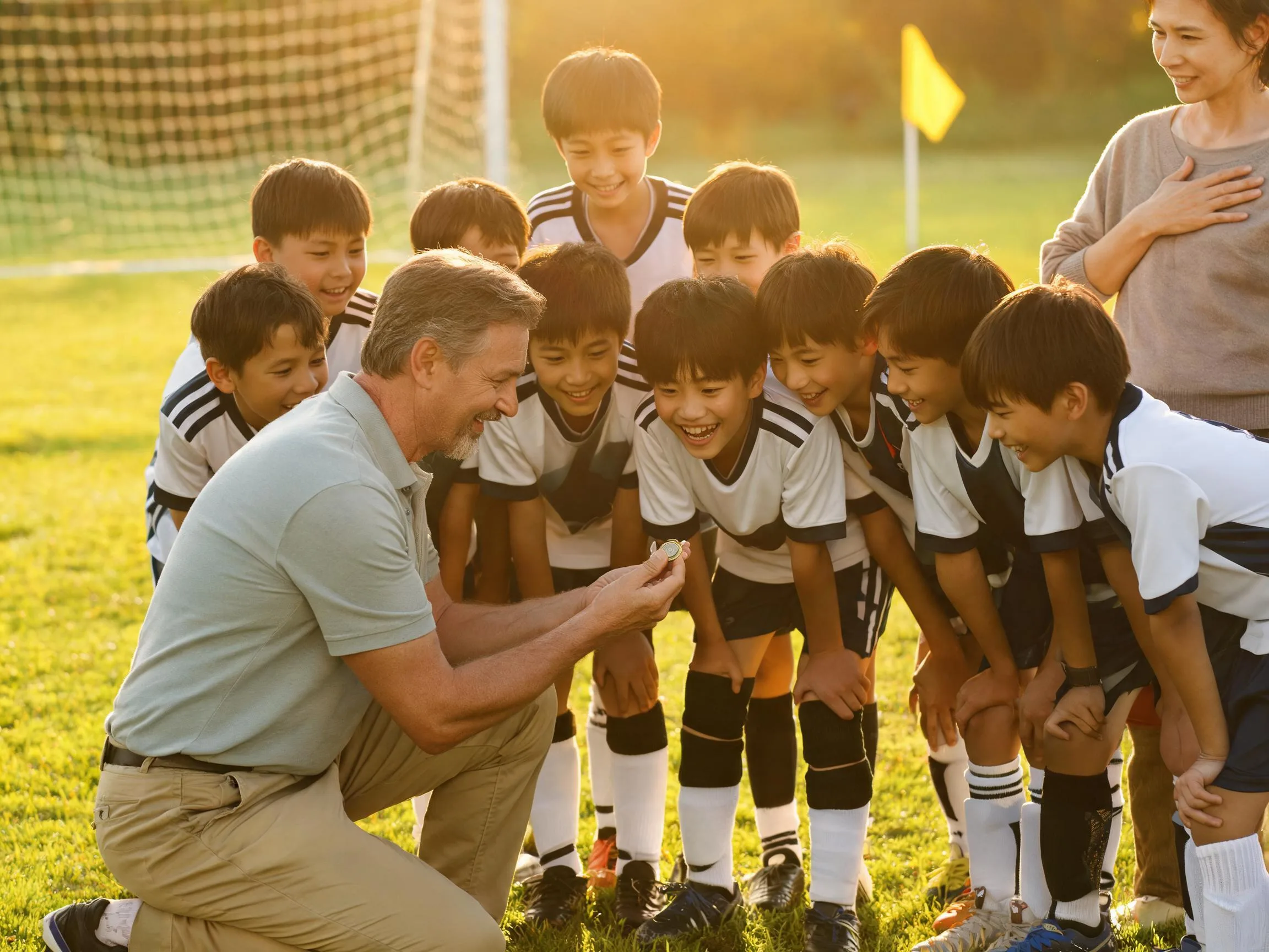 Coach and young soccer player share proud emotional moment on sunlit field together.