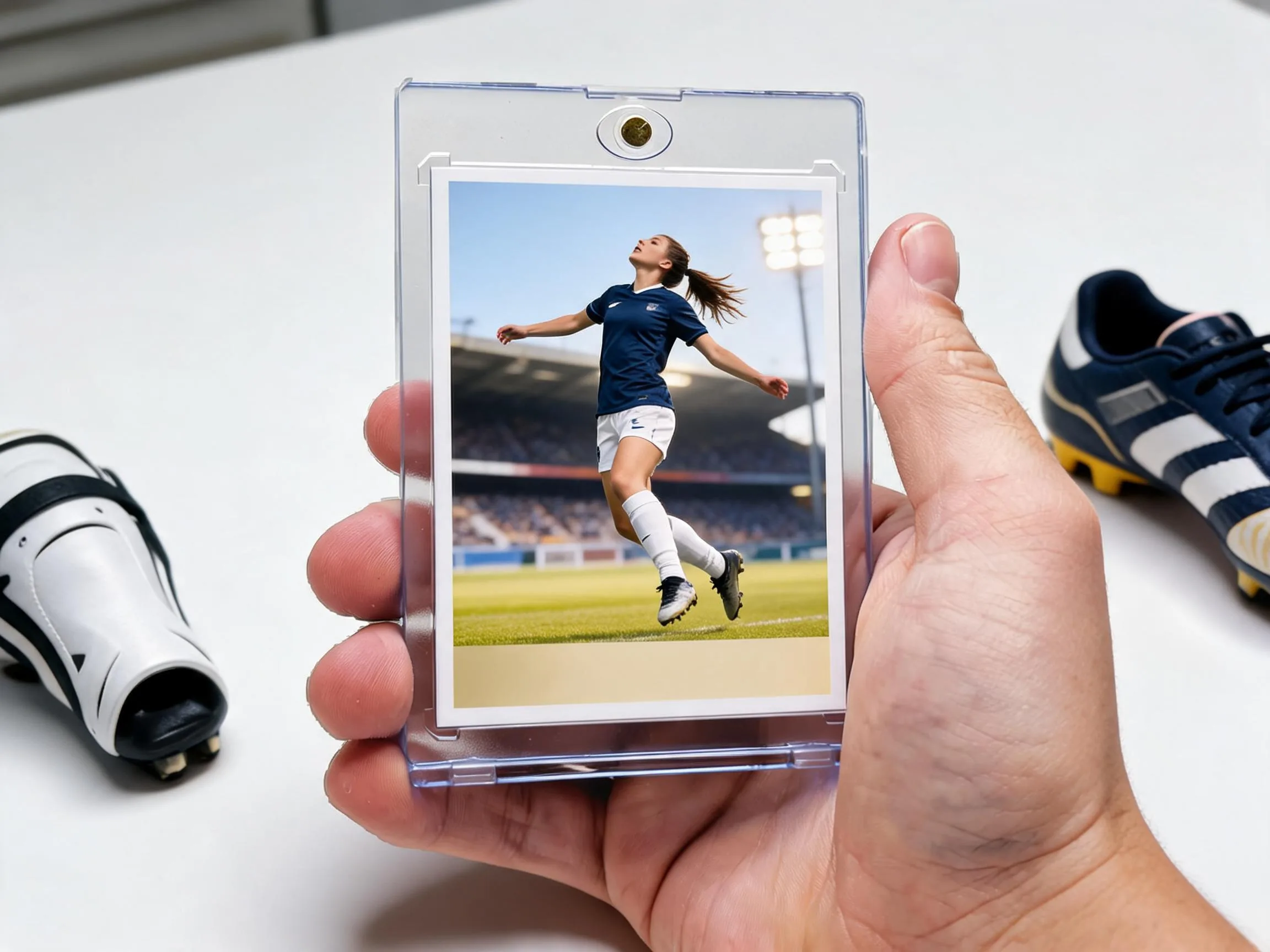 Custom soccer trading card in clear magnetic case standing on white tabletop display.