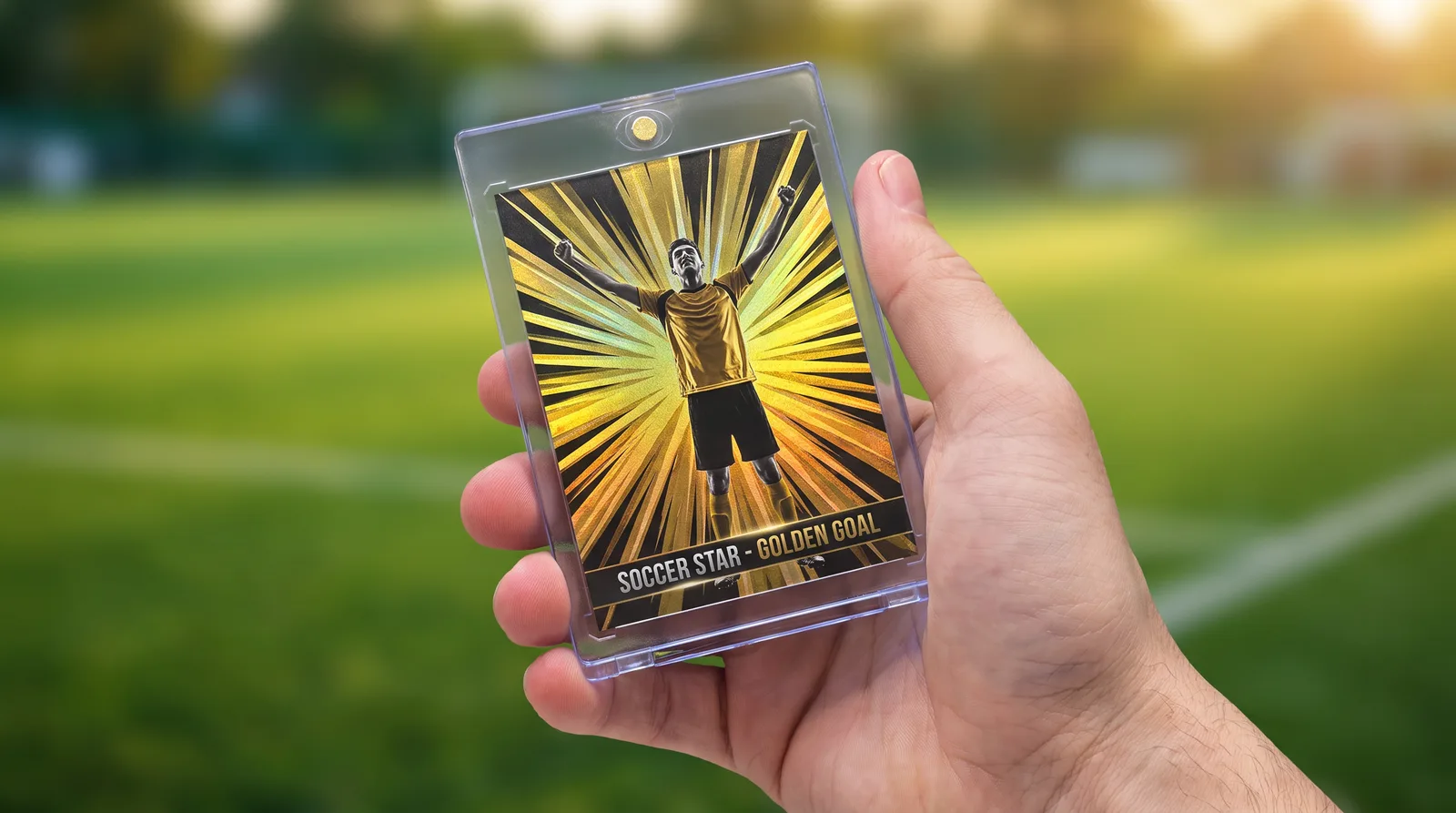 Custom tournament soccer trading card held in its magnetic case in front of a blurred playing field