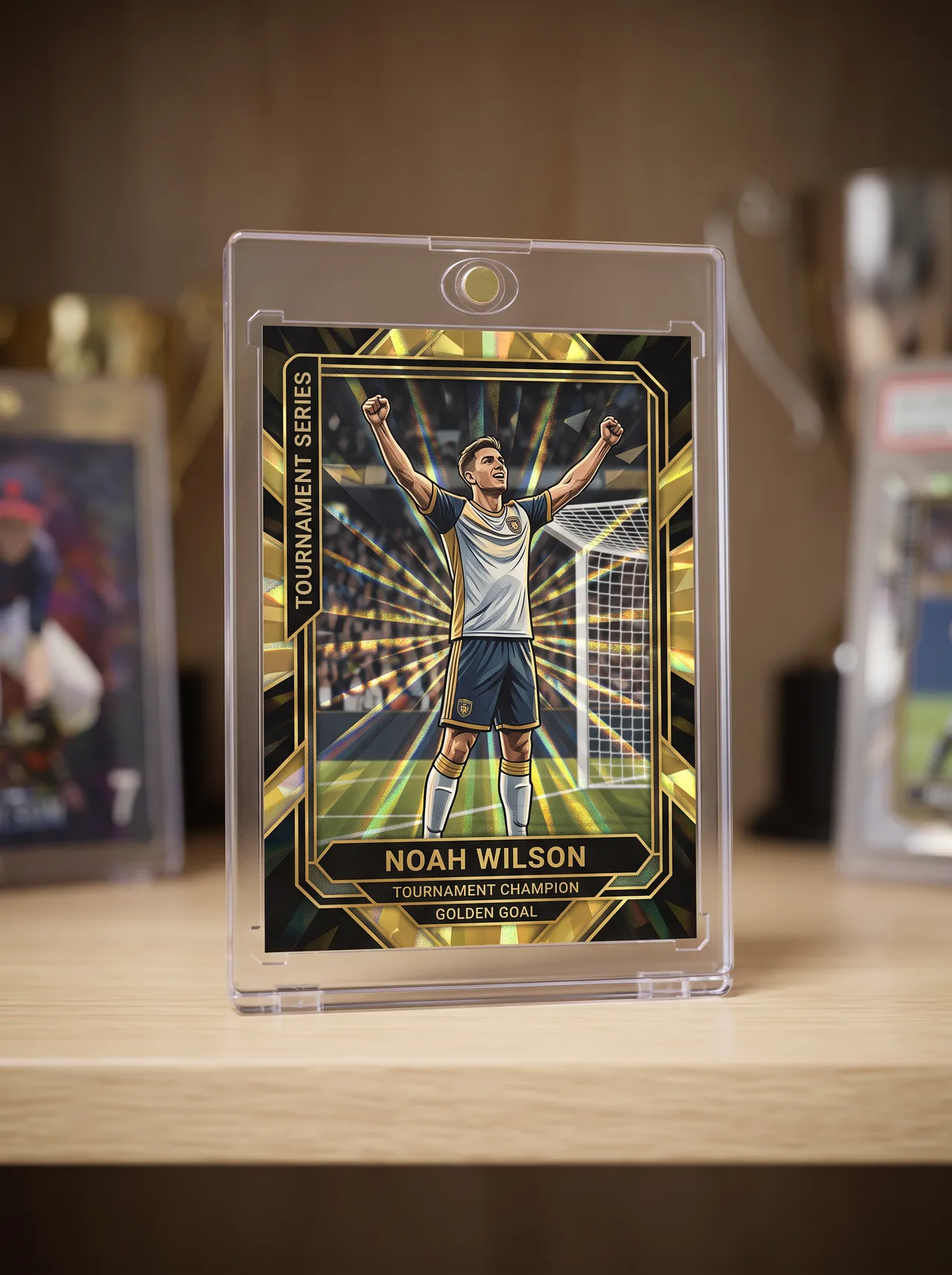Custom tournament soccer trading card standing in its magnetic case on a wooden shelf