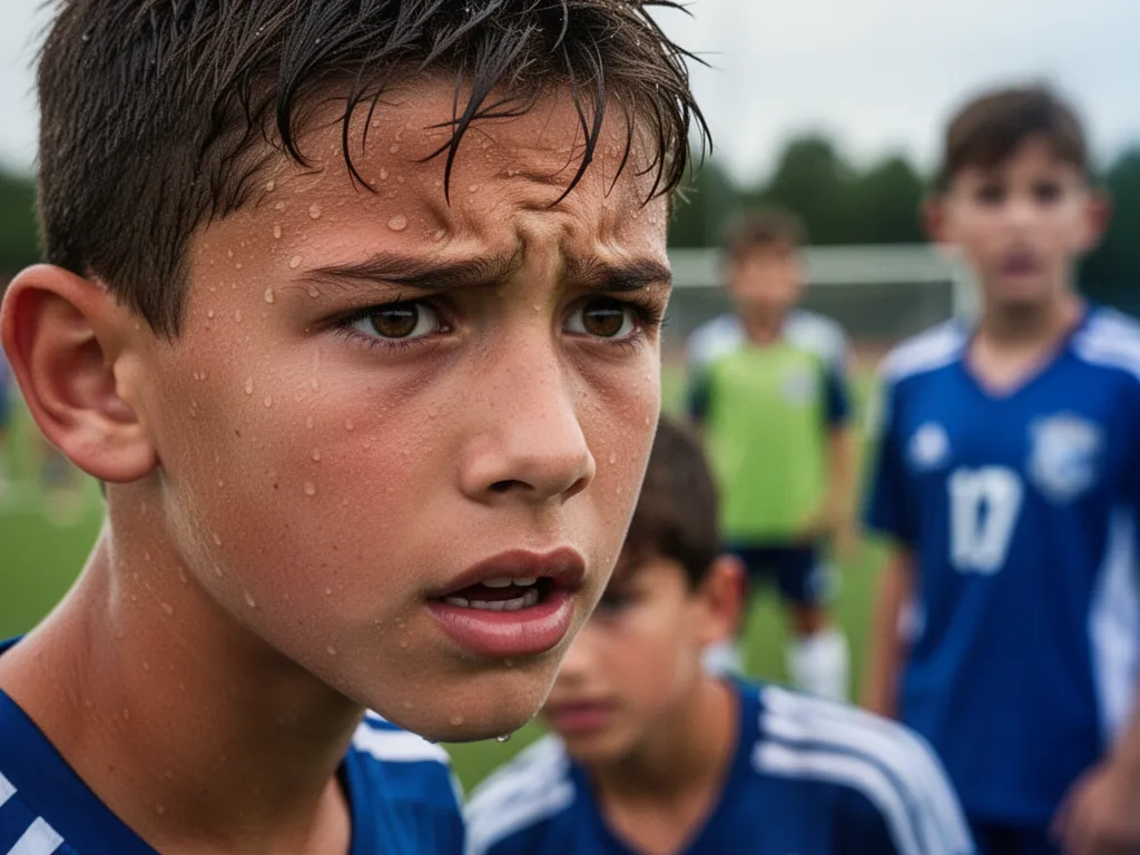 Young soccer player's determined expression during intense competitive match moment
