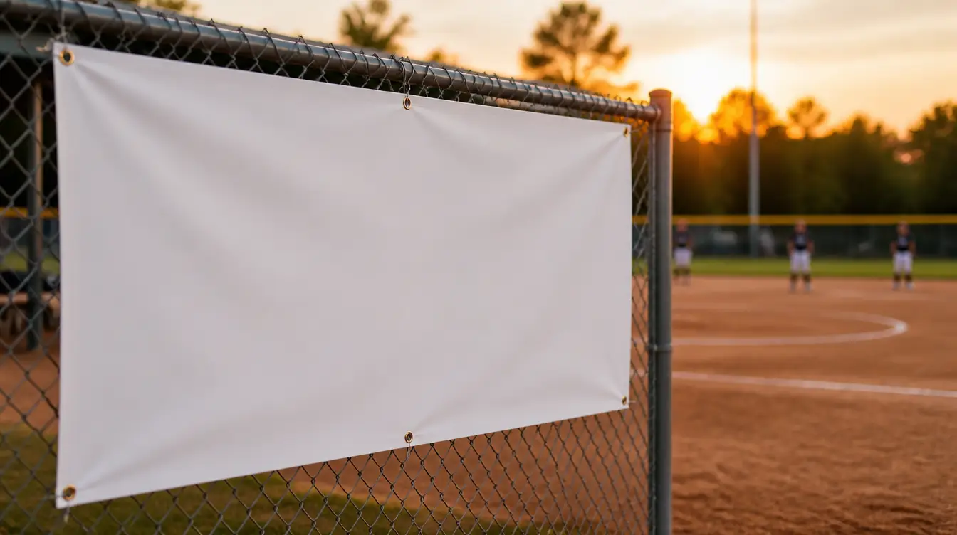 A blank fabric banner hanging on a fence beside a softball field