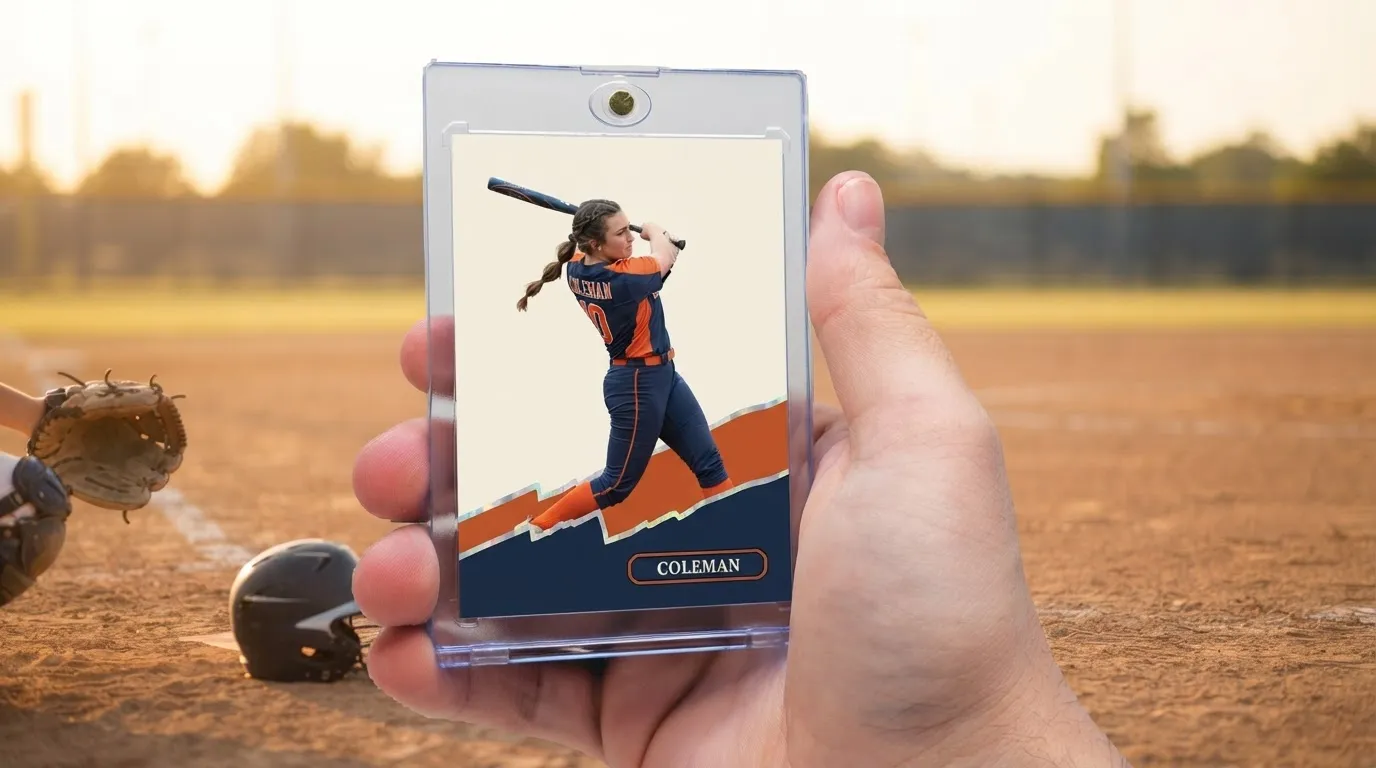 Hand holding magnetic case with softball senior night ideas card, batter cutout mid-swing, diagonal navy orange frame.