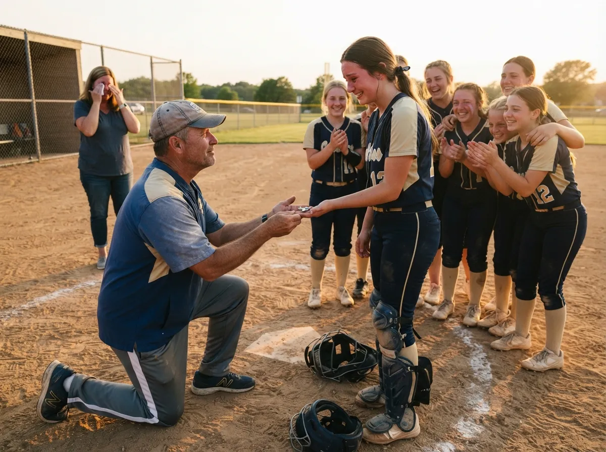 Coach and teary senior softball player share emotional moment on field as teammates celebrate nearby.