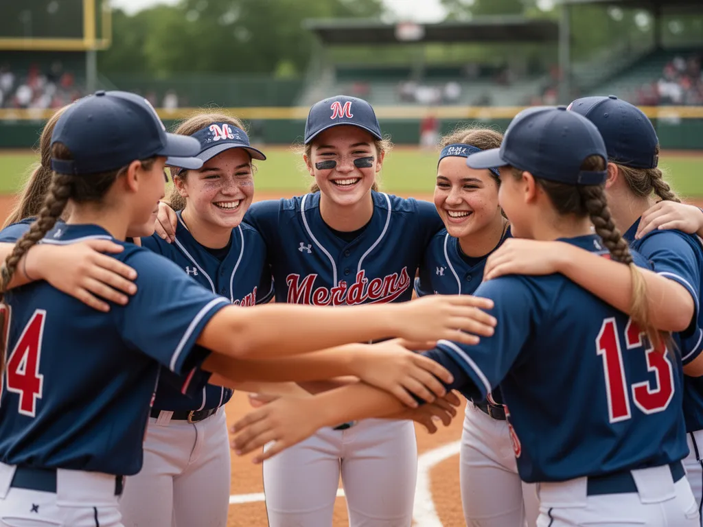 Softball team members embracing in victory circle showing joy, friendship, and teamwork celebration after game