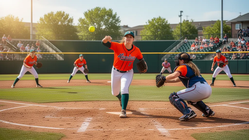 Softball players in action during a game with pitcher and infield in dynamic motion