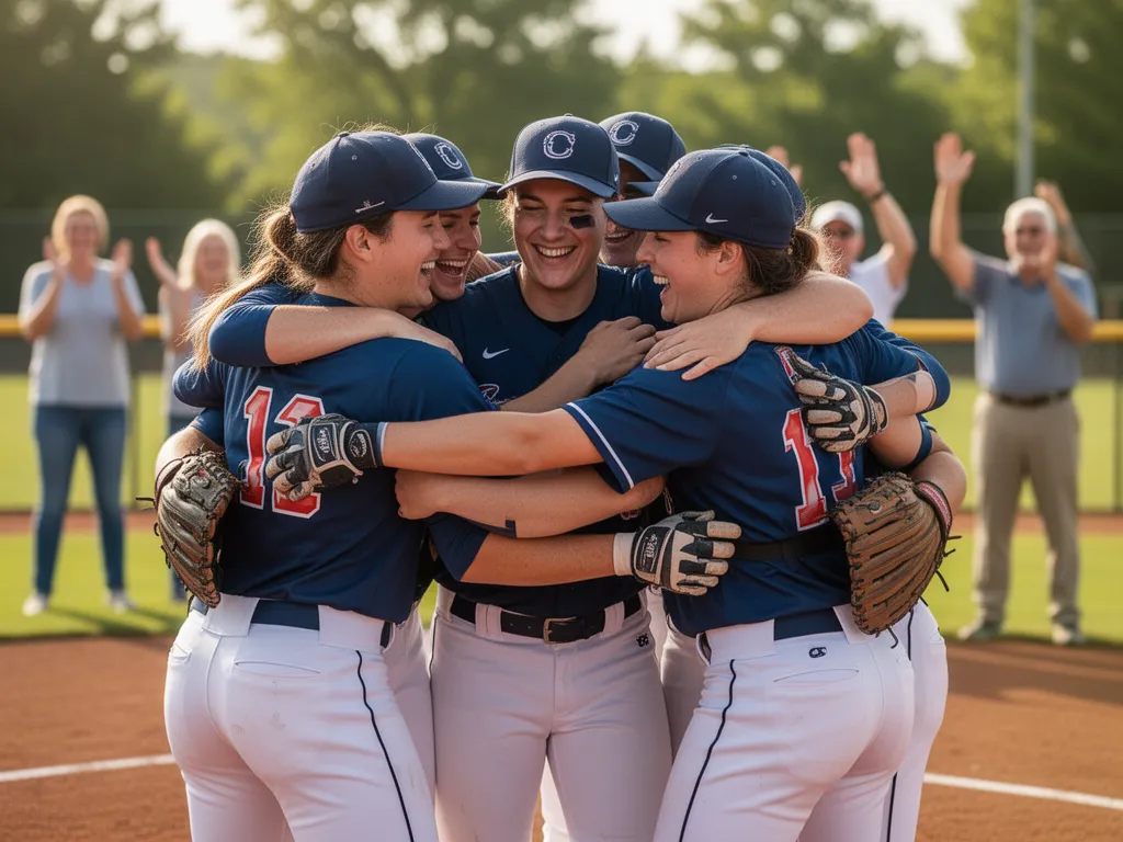 Softball team celebrating together showing genuine joy and teamwork connection