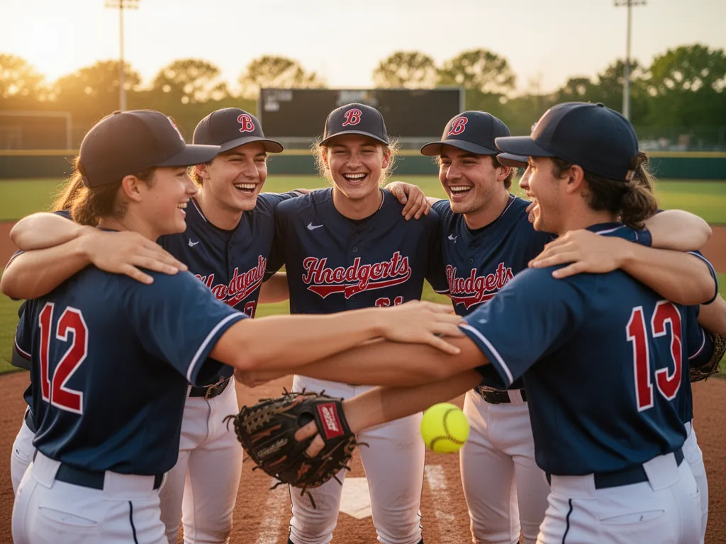 Unified softball team bonded together celebrating victory with arms linked in tight group huddle