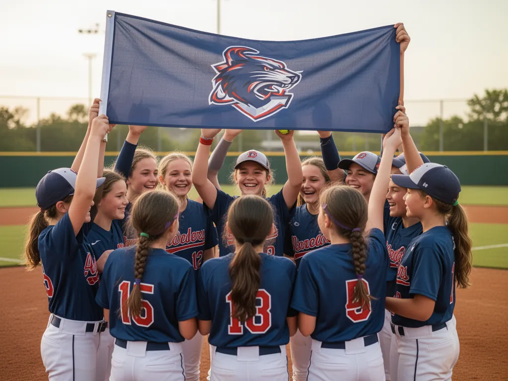 Young softball team members smiling while proudly displaying their team banner together