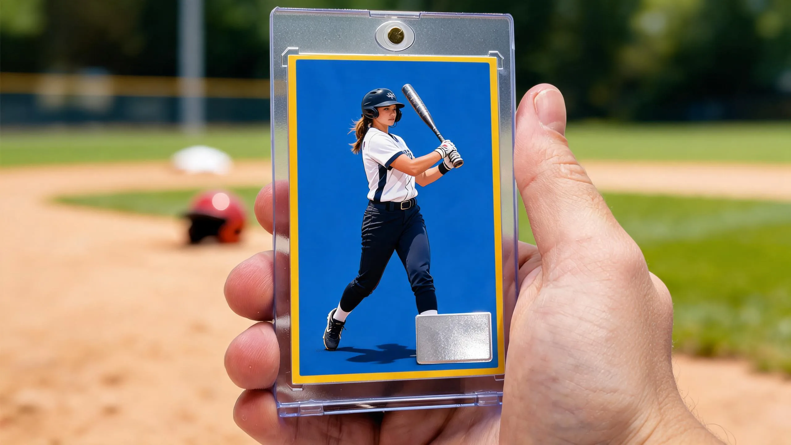 Hand holds magnetic case with softball card for softball tournaments in Kansas City this weekend.