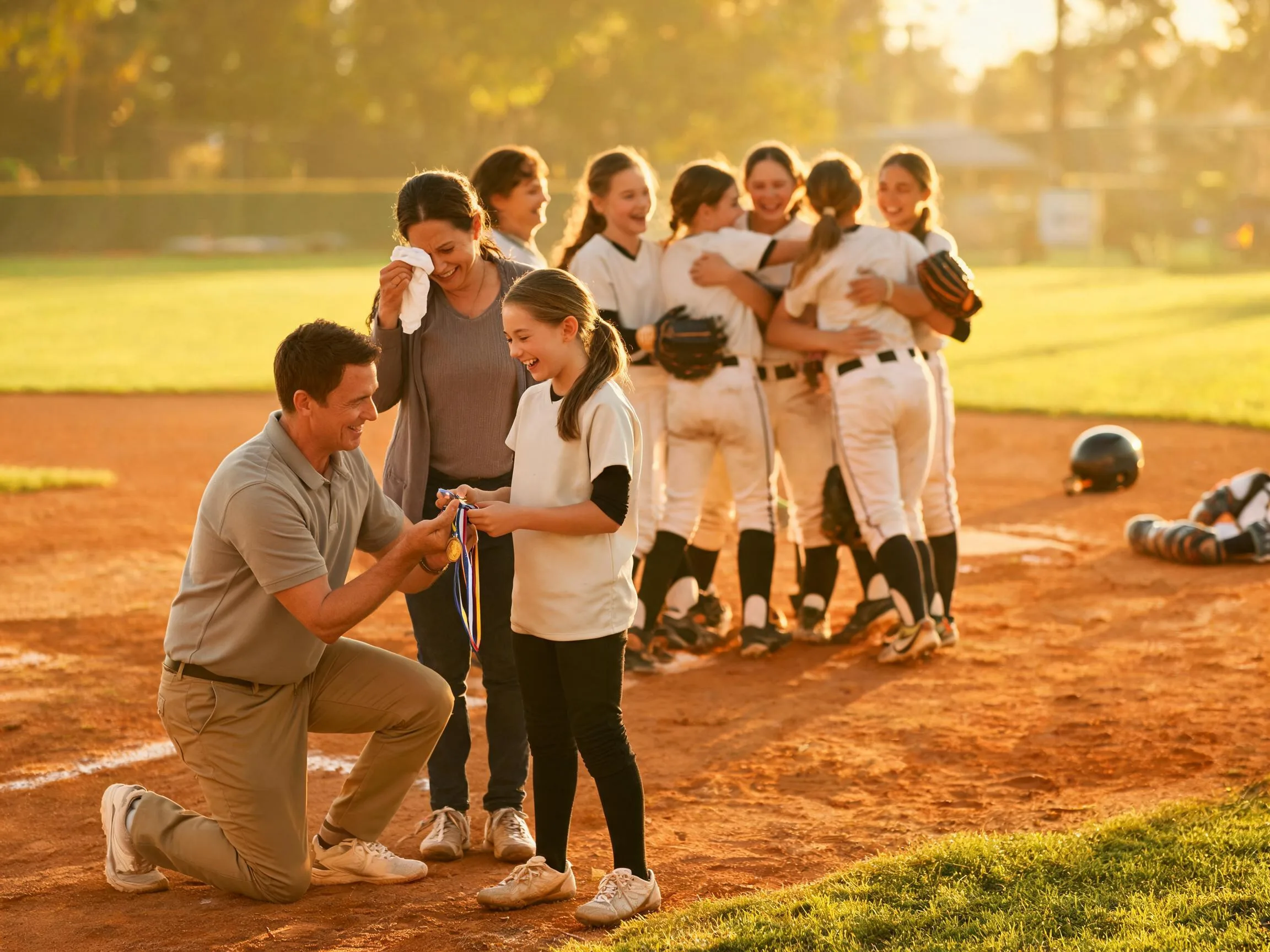 Coach and young athlete share proud emotional moment at Kansas City softball tournament field.