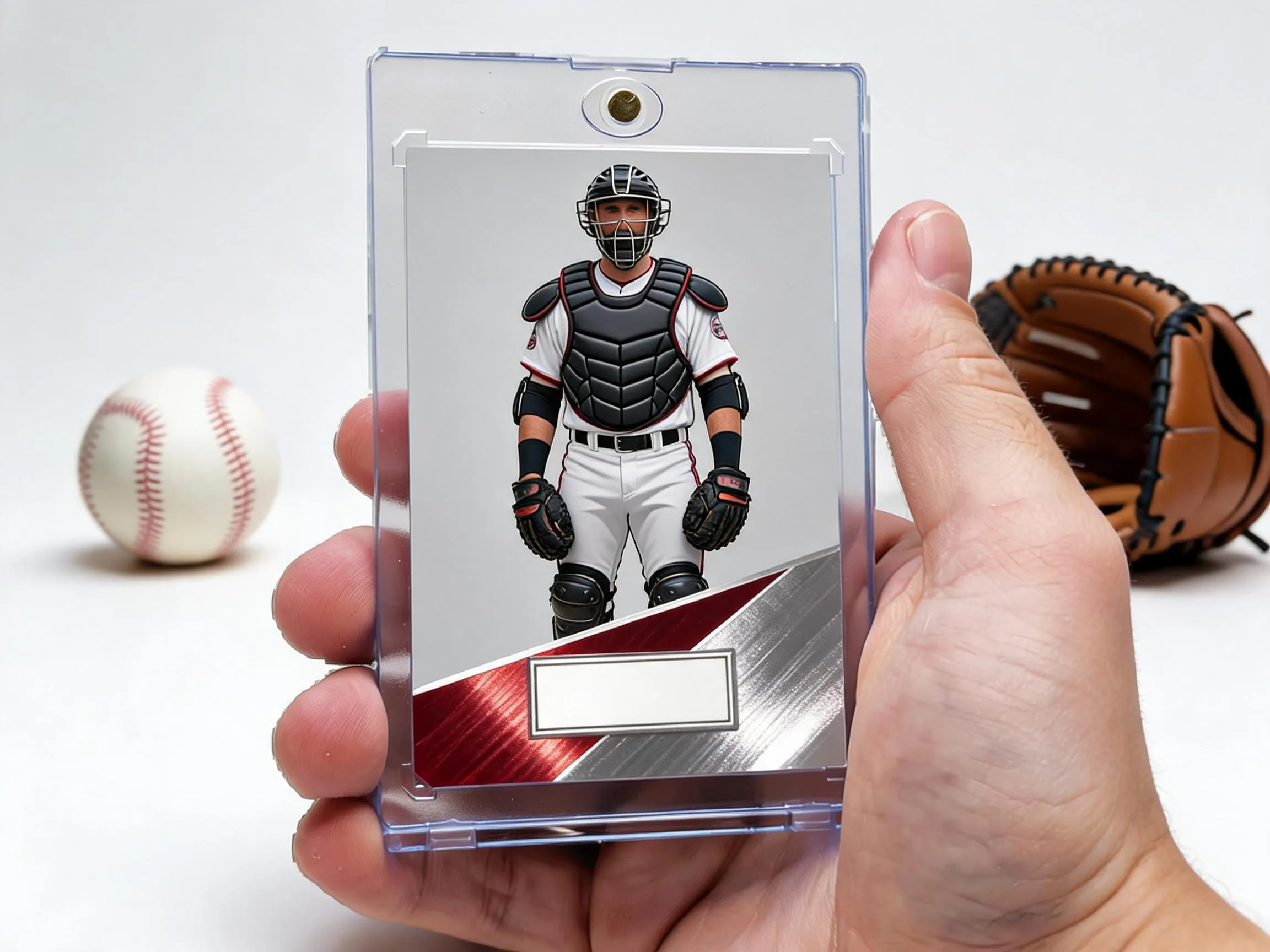 Custom softball trading card in clear magnetic case displayed on white tabletop.