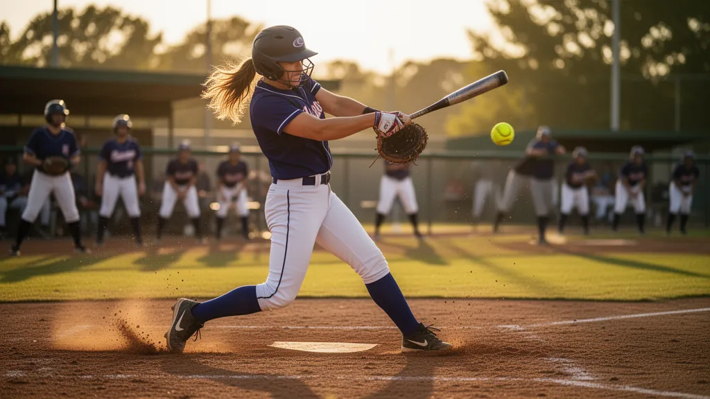 Female softball player swinging at pitch with dirt and energy flying during outdoor game