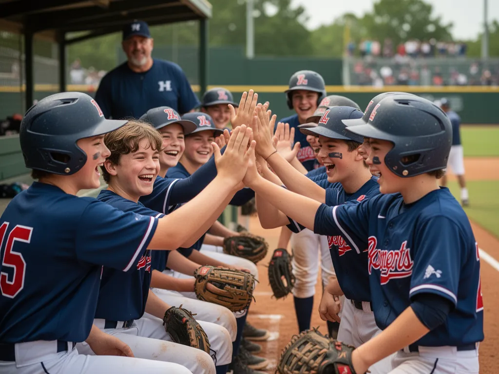 Softball team players celebrating excitedly on bench during tournament game moment