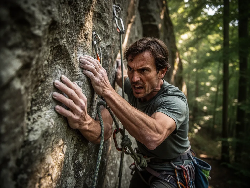 Rock climber's face and hands showing intense concentration while ascending outdoor rock wall with natural forest lighting.