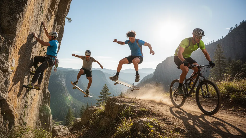 Multiple athletes engaged in different outdoor sports activities with dynamic motion and natural lighting