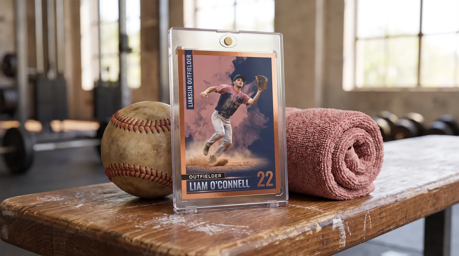 Custom baseball trading card propped in its magnetic case on a gym bench