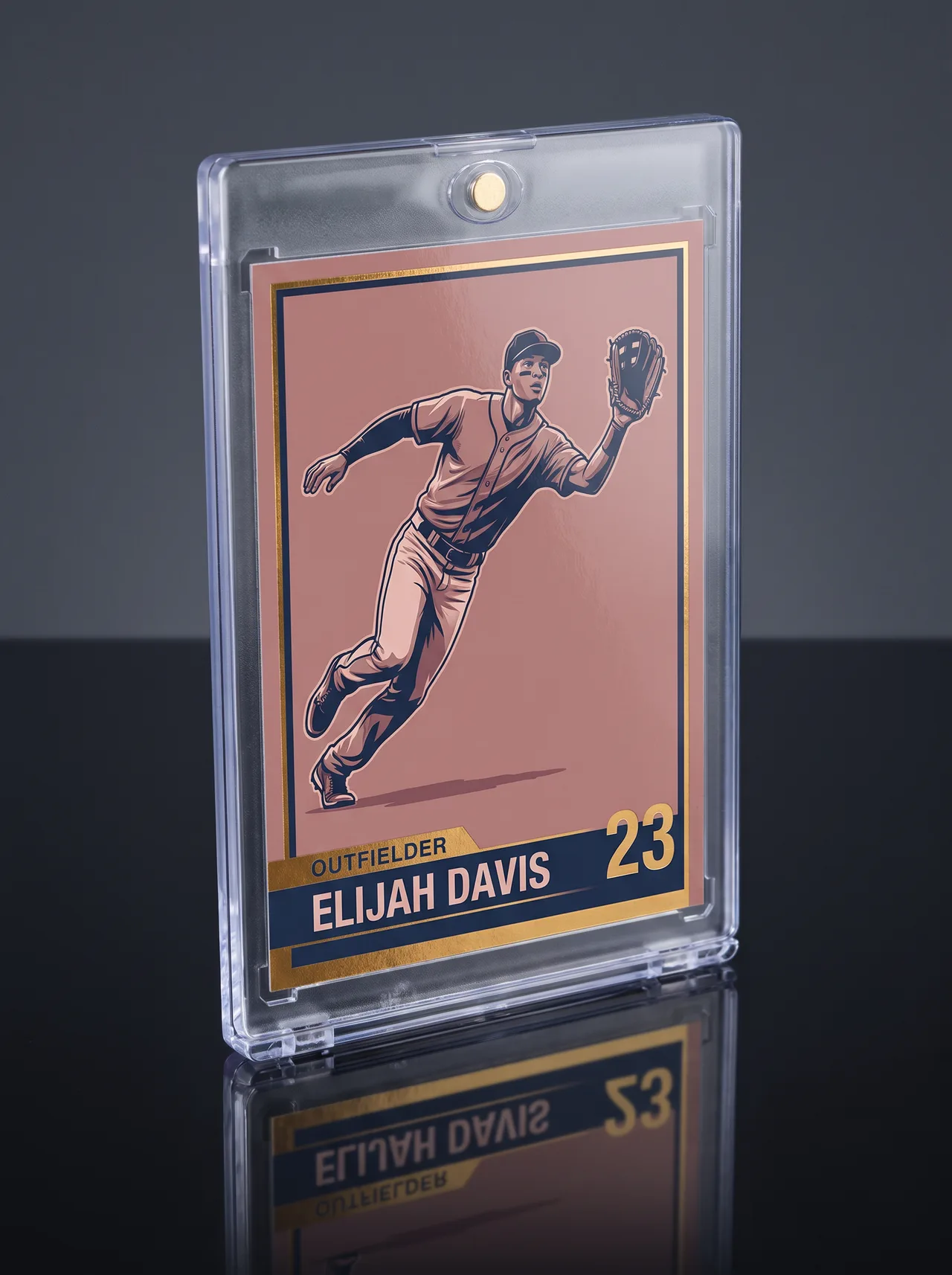 Custom baseball trading card standing at an angle on a dark reflective surface