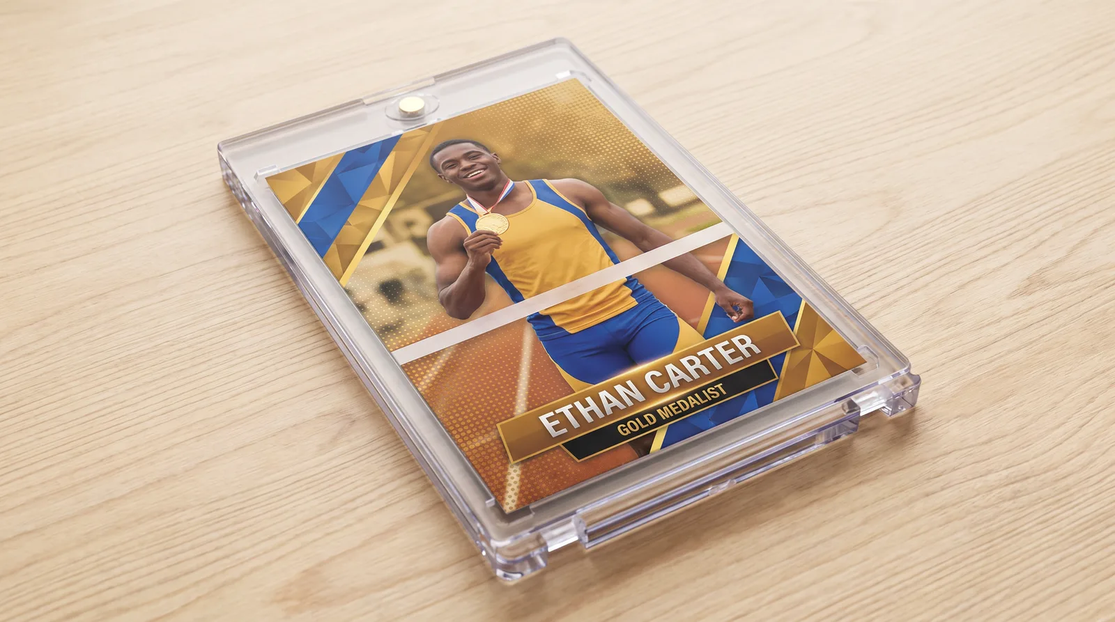 Custom track and field trading card lying flat in its magnetic case on a wooden desk