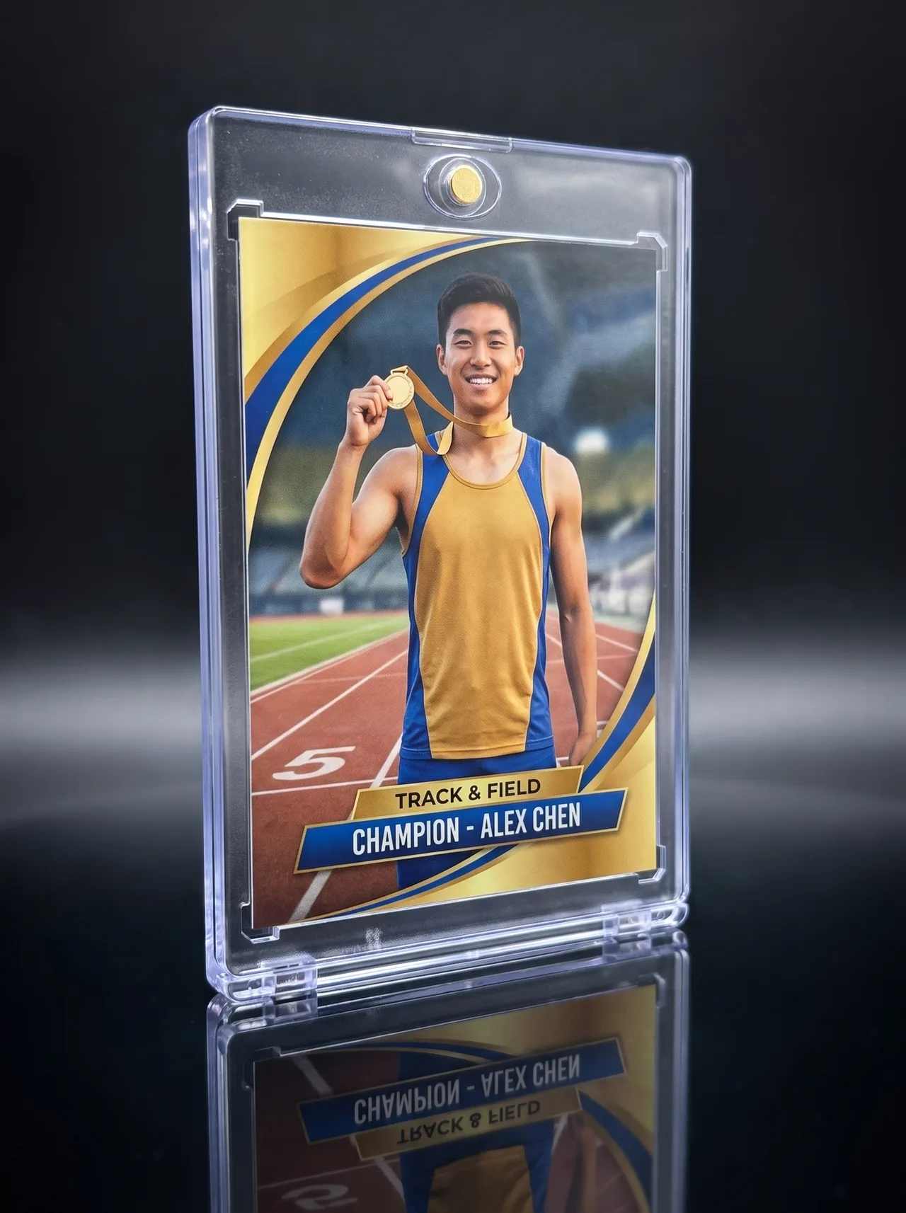 Custom track and field medal trading card standing at an angle on a dark reflective surface