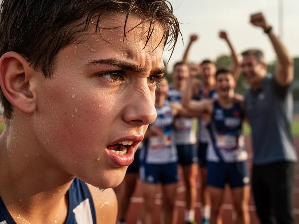 Young athlete's determined expression after competition with celebrating team members visible in soft-focused background