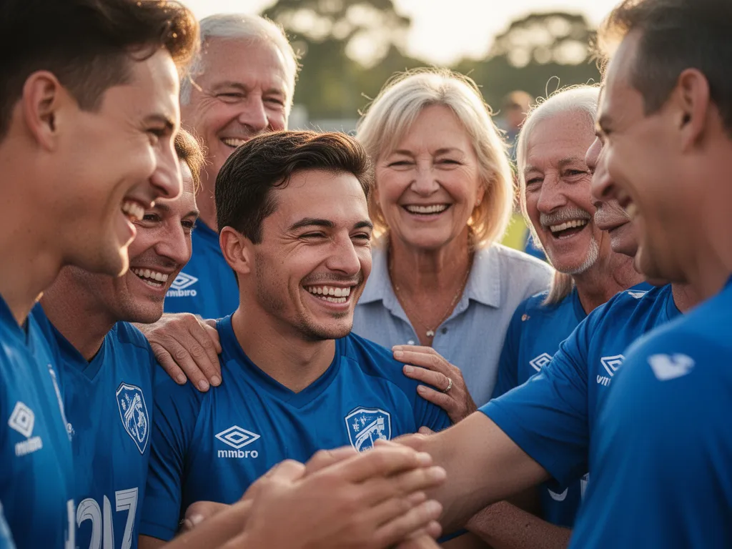 Team members and parents smiling together in celebration, showing genuine emotion and togetherness during special moment
