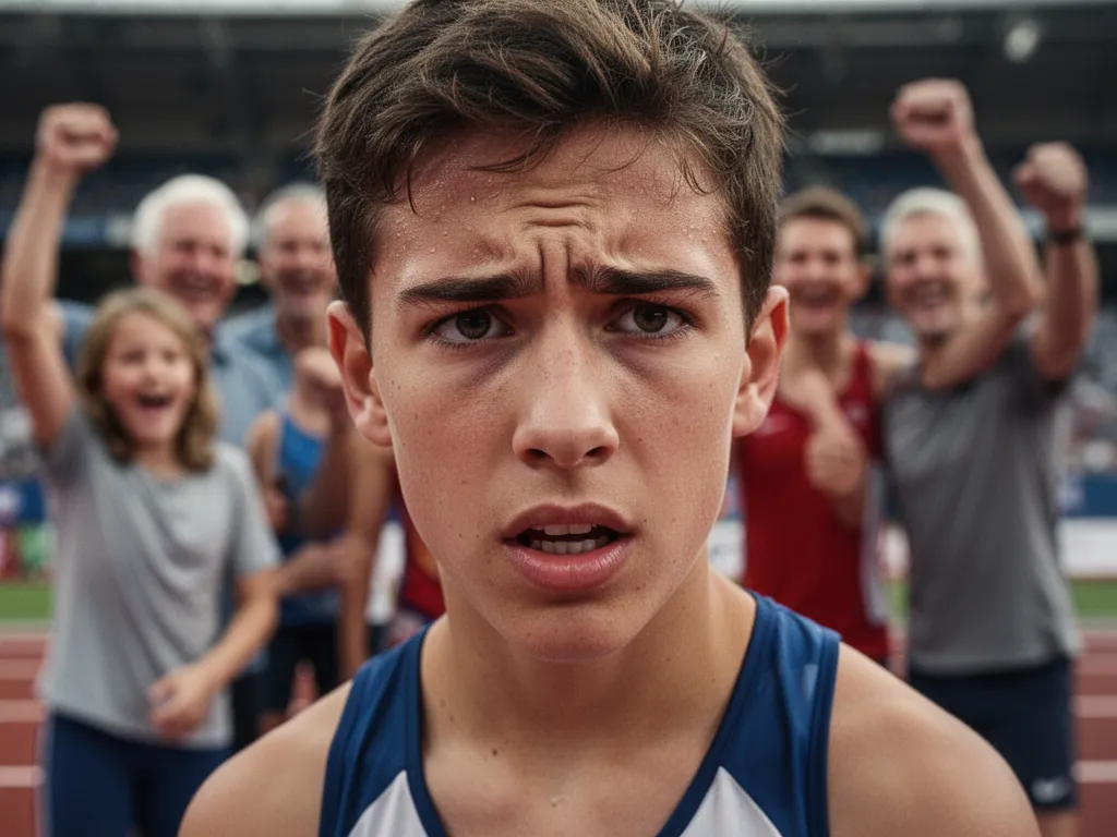 [Young athlete's determined expression during competition with proud family members celebrating in the background]