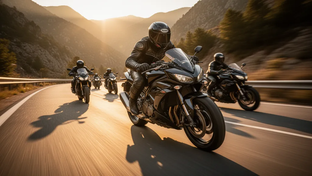 Sportbike rider leaning into a sharp turn with other motorcyclists following on a mountain road during golden hour