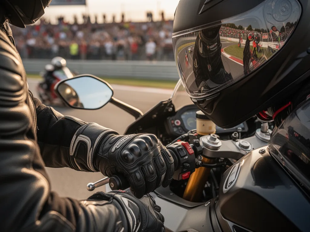 Detailed close-up of rider's gloved hands on sportbike handlebars with spectators visible in the background