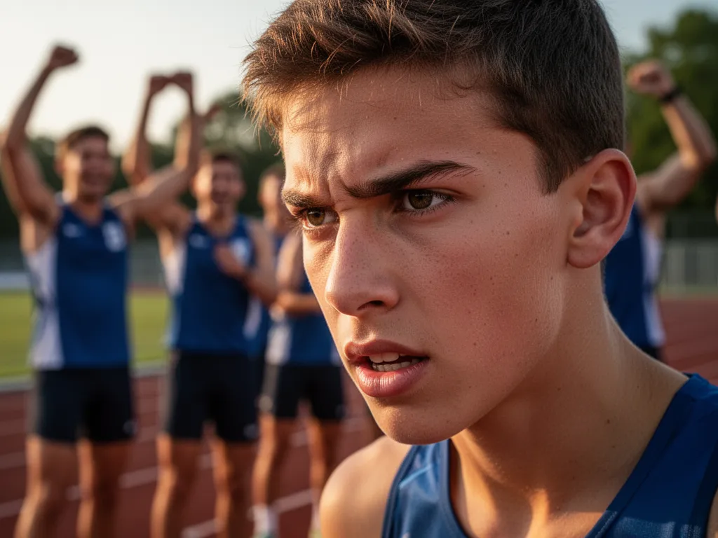 Young athlete's determined expression during competition with celebrating teammates blurred in background