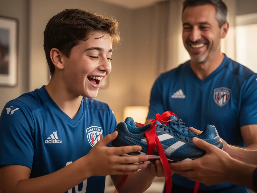 Young athlete's face lighting up while unwrapping new sports gear as a holiday gift