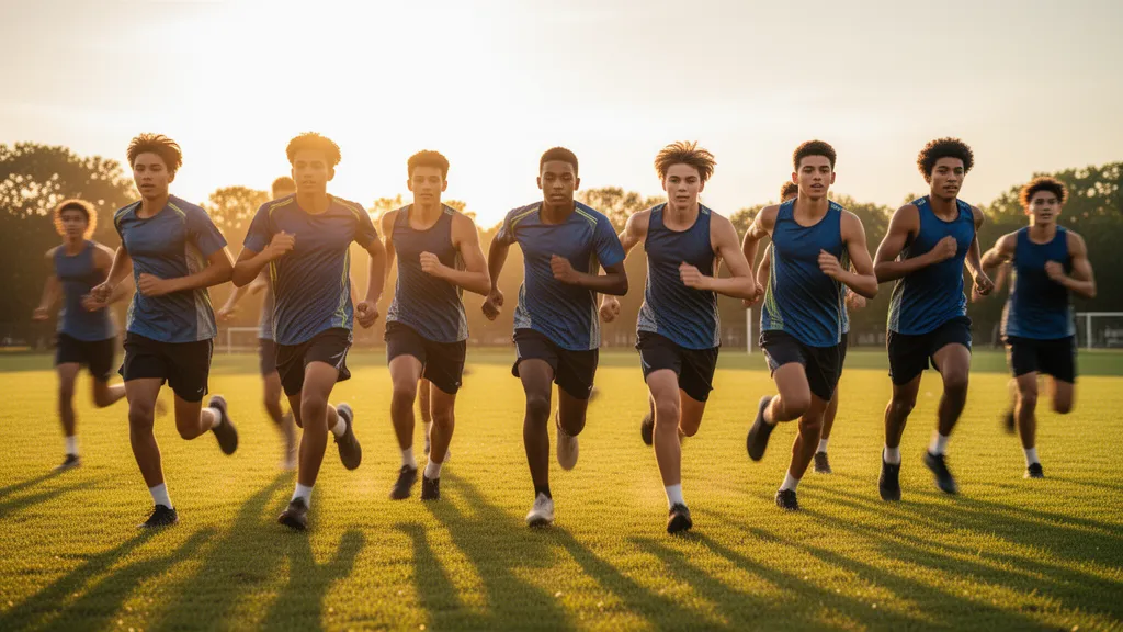 Young athletes running together outdoors in golden sunlight, displaying teamwork and athletic energy in motion.