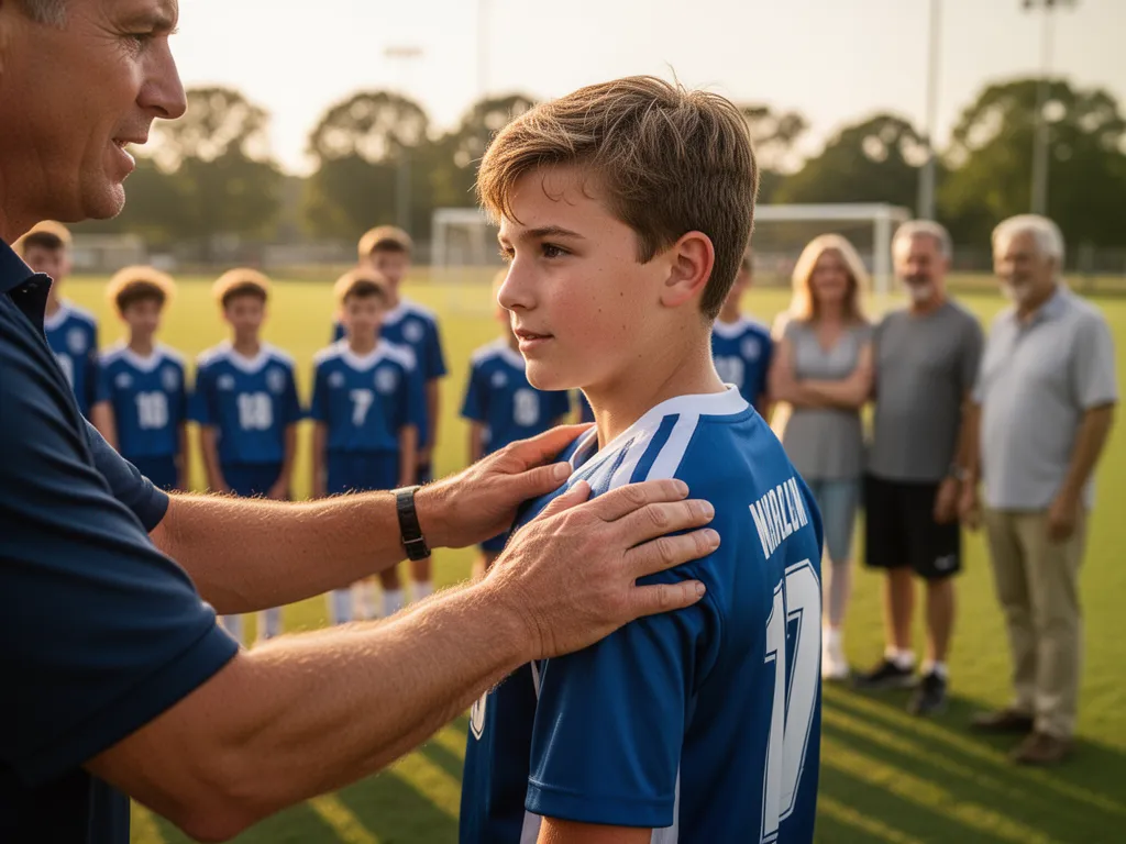 Coach providing encouragement to young athlete with supportive hand on shoulder during team practice session.