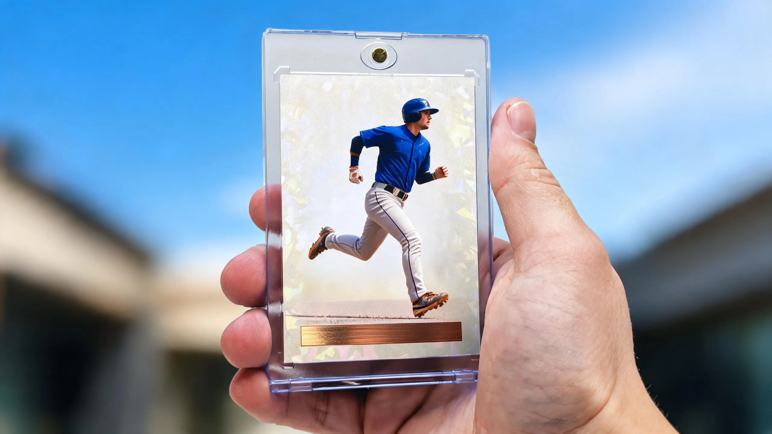 Hand holding a magnetic case with a custom athlete card, top sport gift ideas for guys.