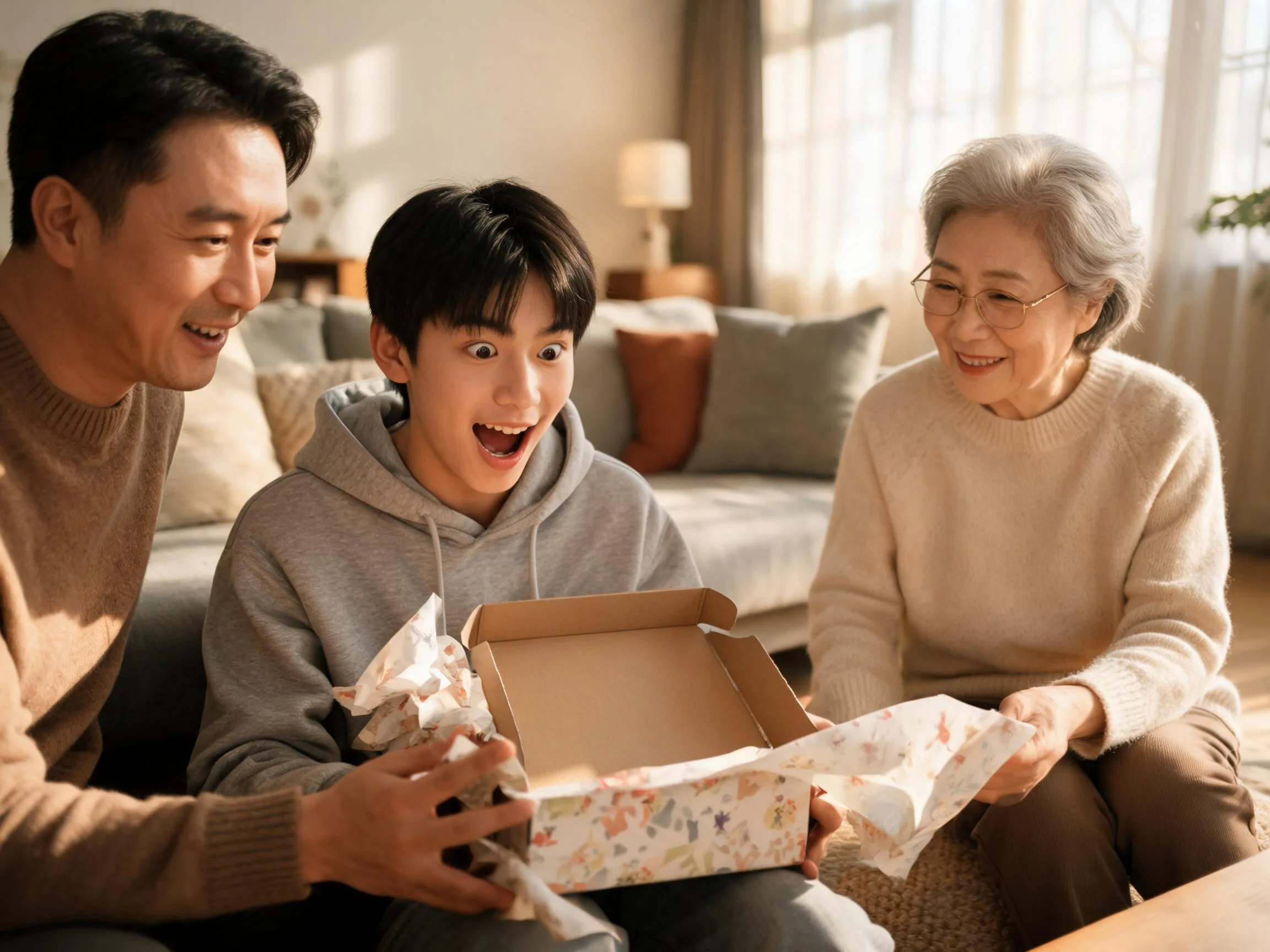 Family sharing a joyful surprise as a young man opens a thoughtful sports gift.