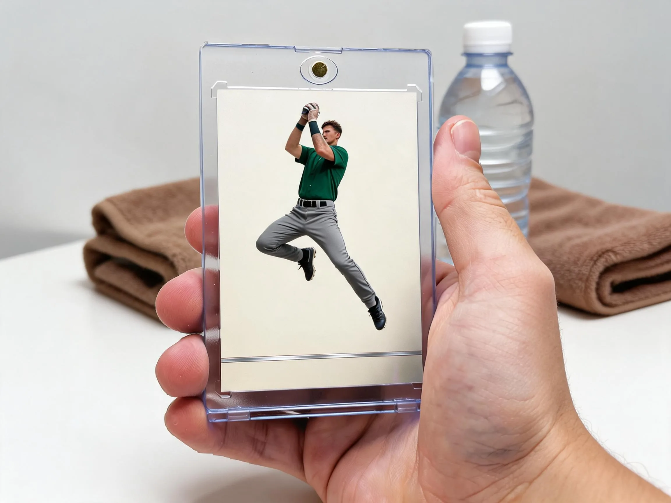 Custom keepsake trading card in a magnetic case displayed on a white tabletop.