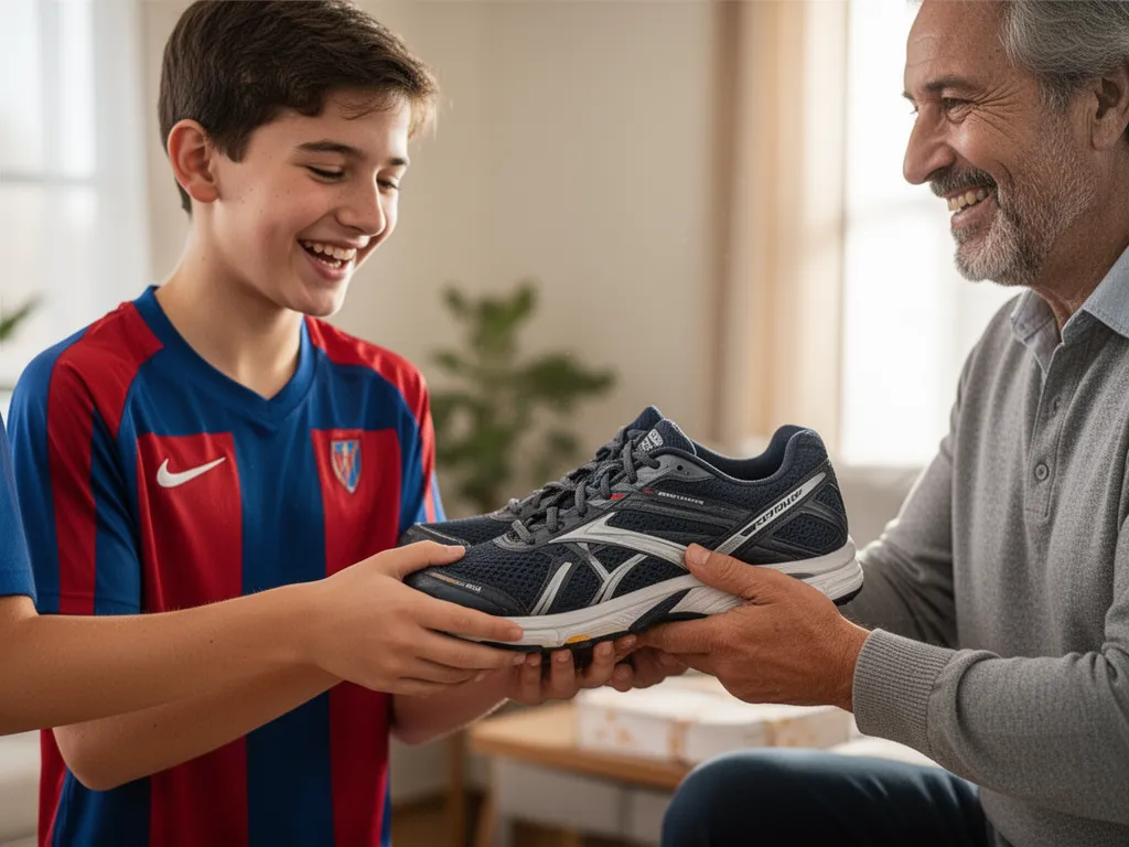 Young athlete happily receiving sports gift from parent, close emotional moment showing genuine gratitude and excitement