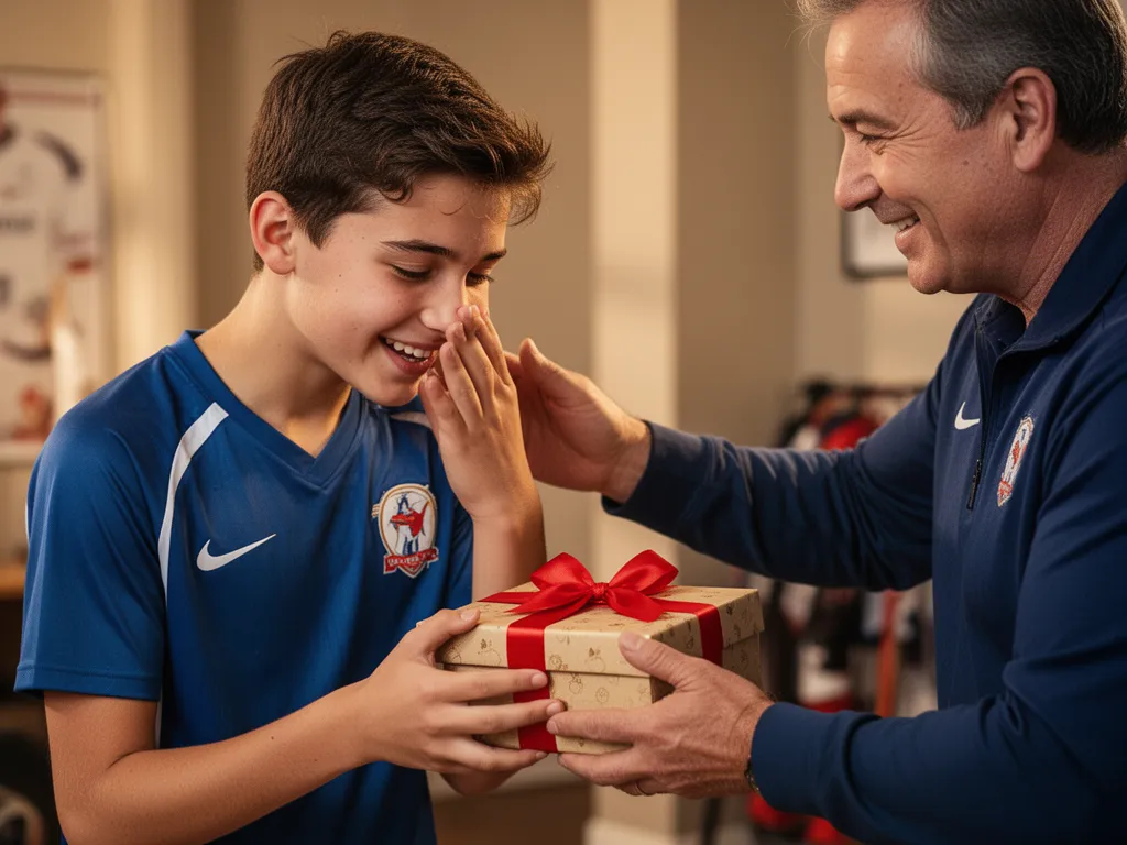 [Young athlete smiling with joy while receiving a sports gift from caring parent or coach]