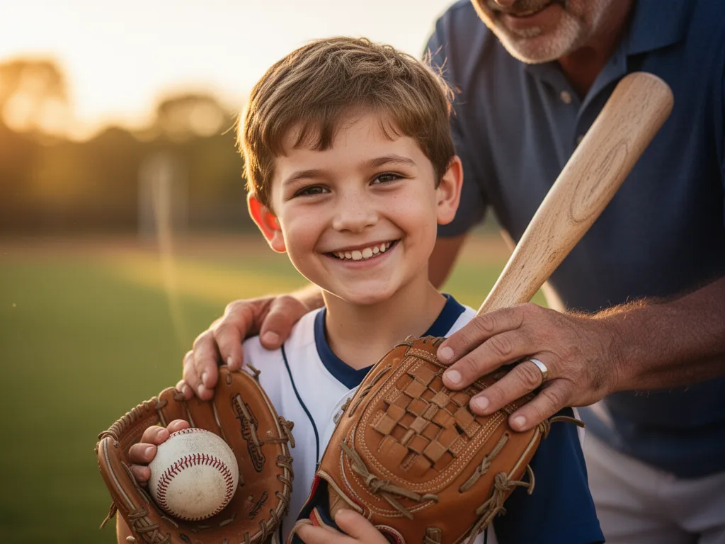 [Young boy smiling with baseball equipment, parent showing support and encouragement]