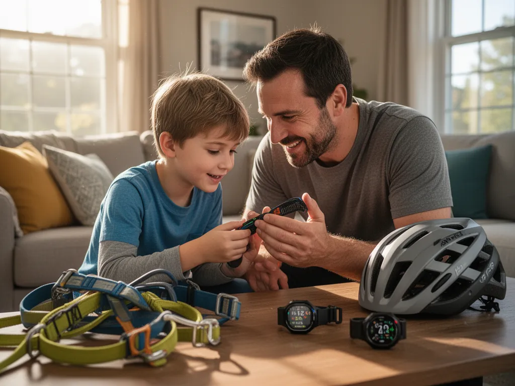 Father and son bonding while examining sports gear and equipment together indoors with warm natural lighting