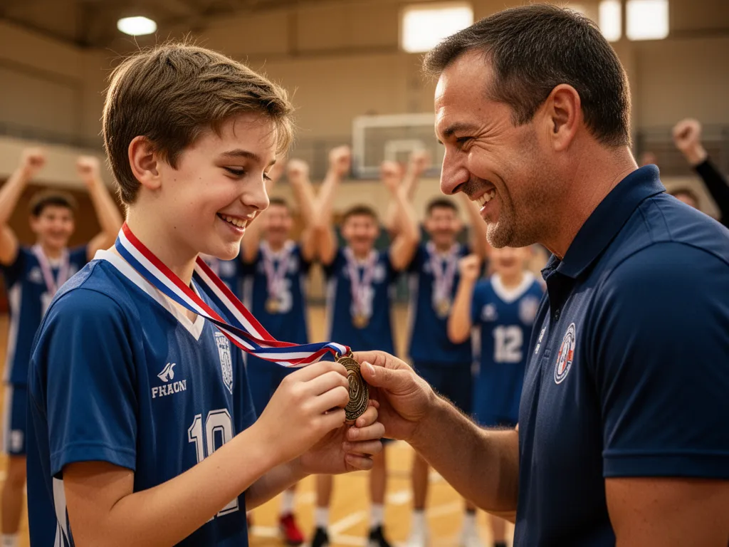 Coach placing medal around young athlete's neck while teammates celebrate in the background