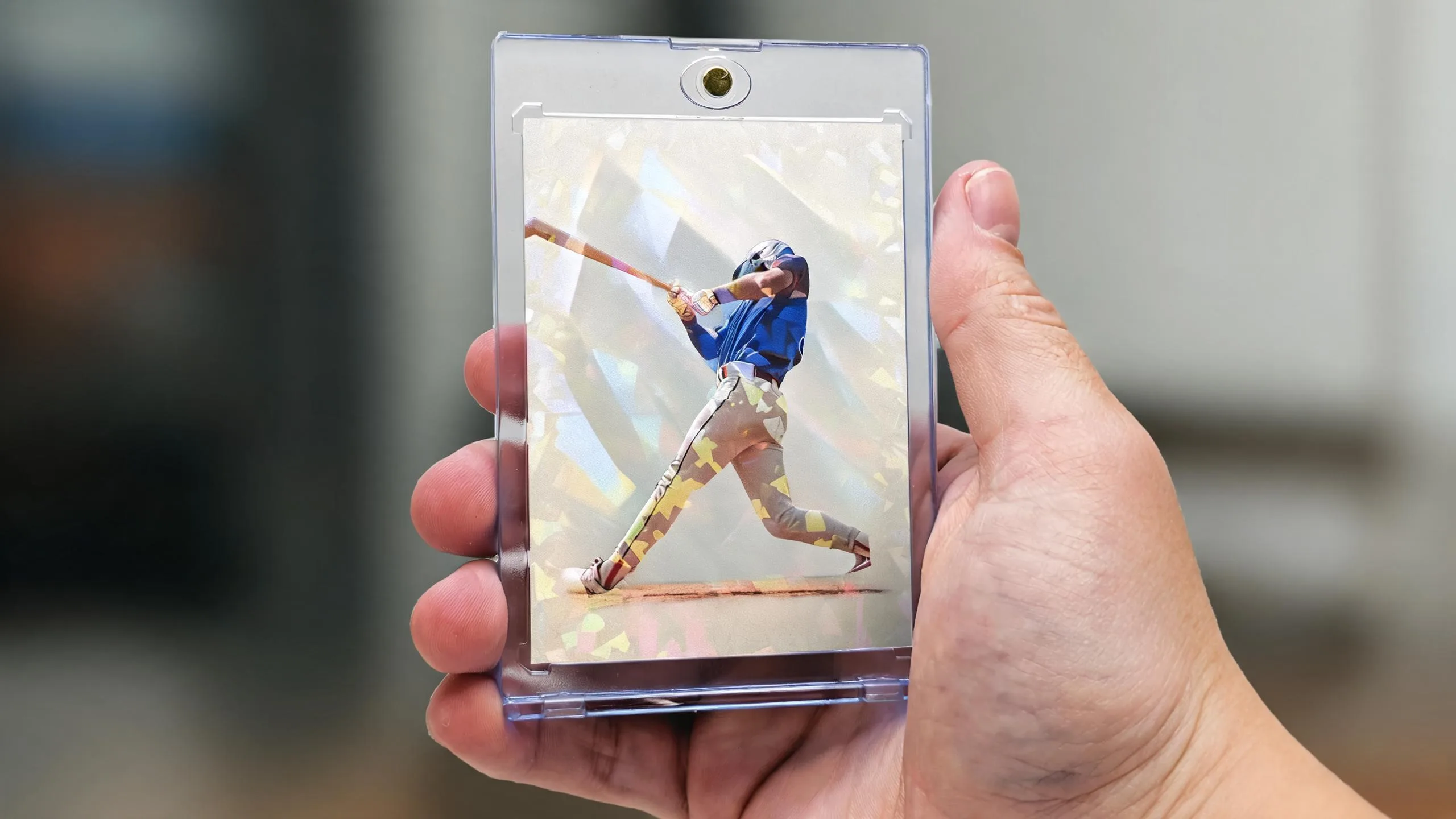 Hand holding magnetic case with athlete card, sport goofy gifts and sundries keepsake display.