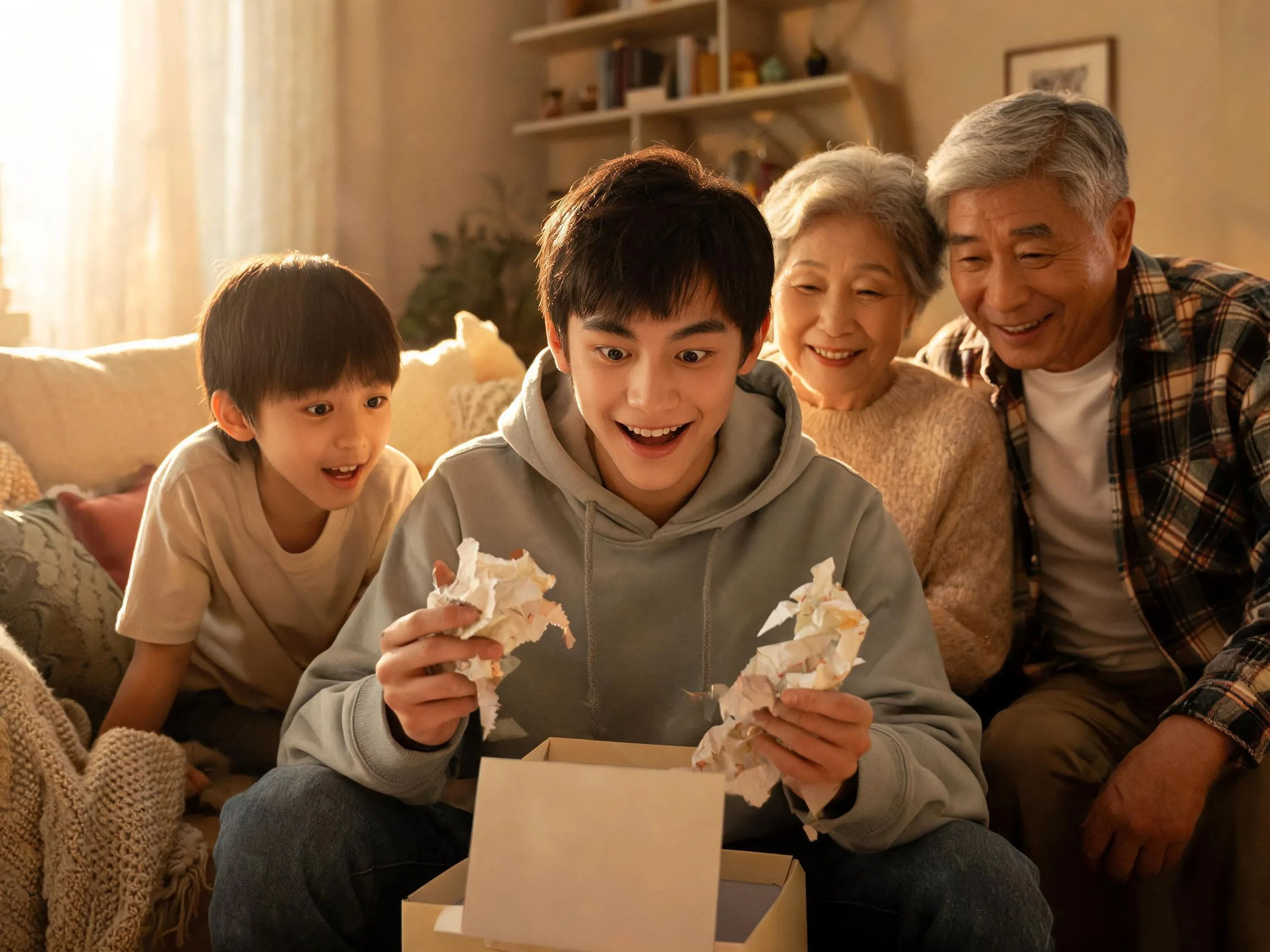 Family sharing joyful surprise as teenager opens a thoughtful gift indoors.